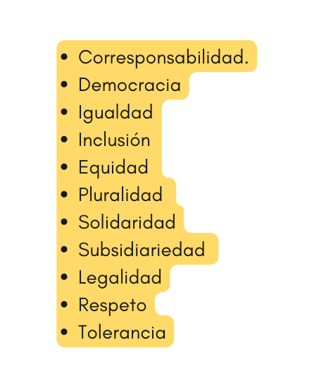 Corresponsabilidad Democracia Igualdad Inclusión Equidad Pluralidad Solidaridad Subsidiariedad Legalidad Respeto Tolerancia